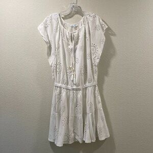BLUE ISLAND (NWT)Short Sleeve Woven Eyelet V-Neck Tassel Mini/Cover Up, White -L